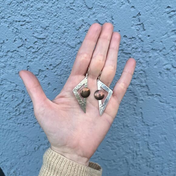 Mixed Metal Triangle Earrings Sterling Silver Copper Industrial jewelry - Picture 9 of 10